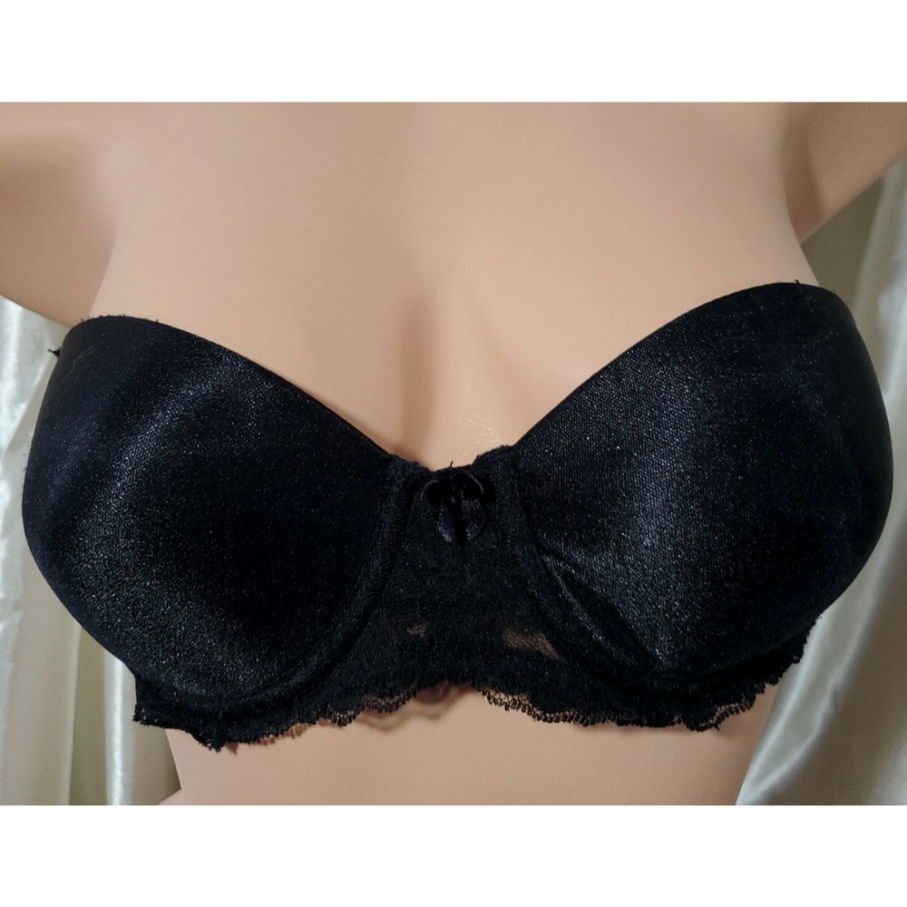 Vintage BESTFORM Strapless Bra SHINY BLACK SATIN Underwire Lined 34B #6503